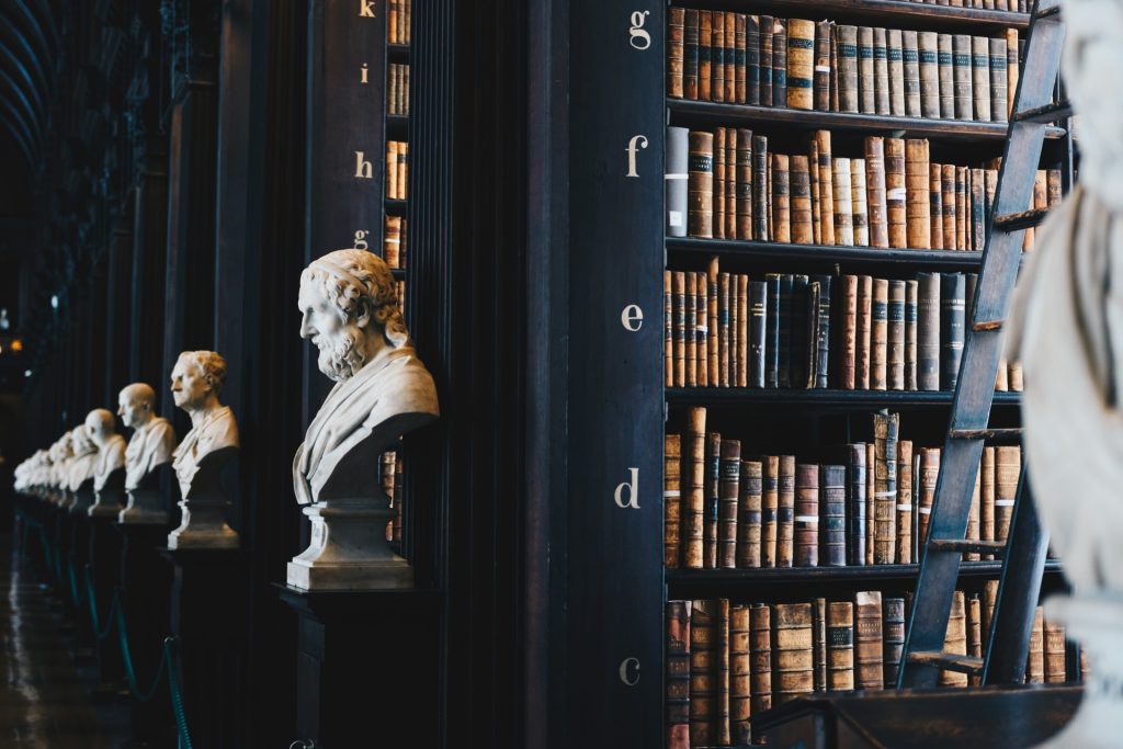 Row of busts in a library